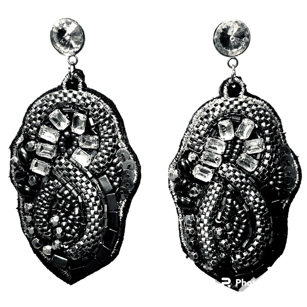 Unique Silver Beaded Sequin Rhinestone Large Post Earrings Black Suede Backing